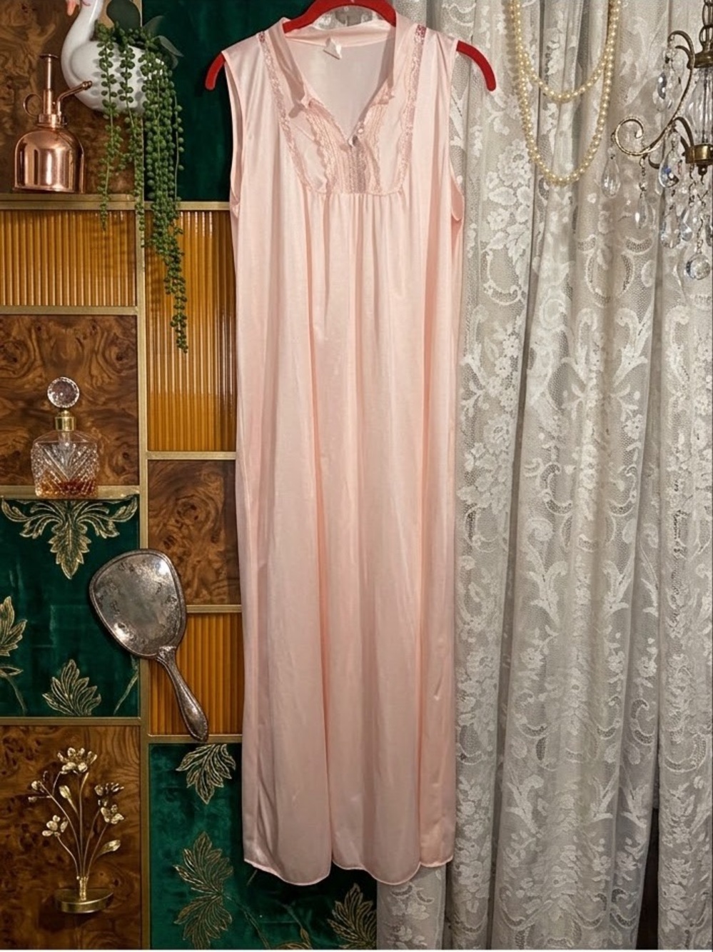 Vtg 70s Montgomery Ward Pink Nylon Maxi Nightgown Lace Trim Medium Coquette